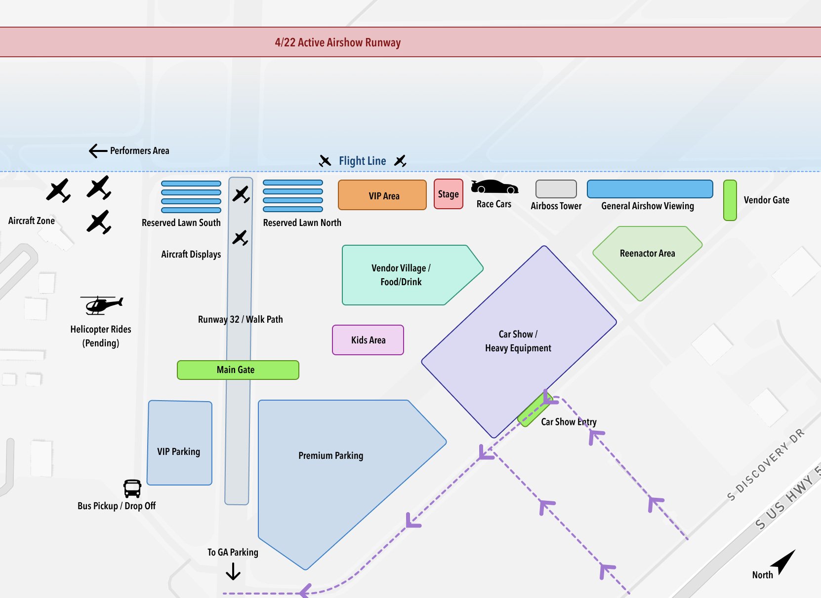 Map of the Pistons & Props event grounds showing parking, gates, the flight line, and attractions
