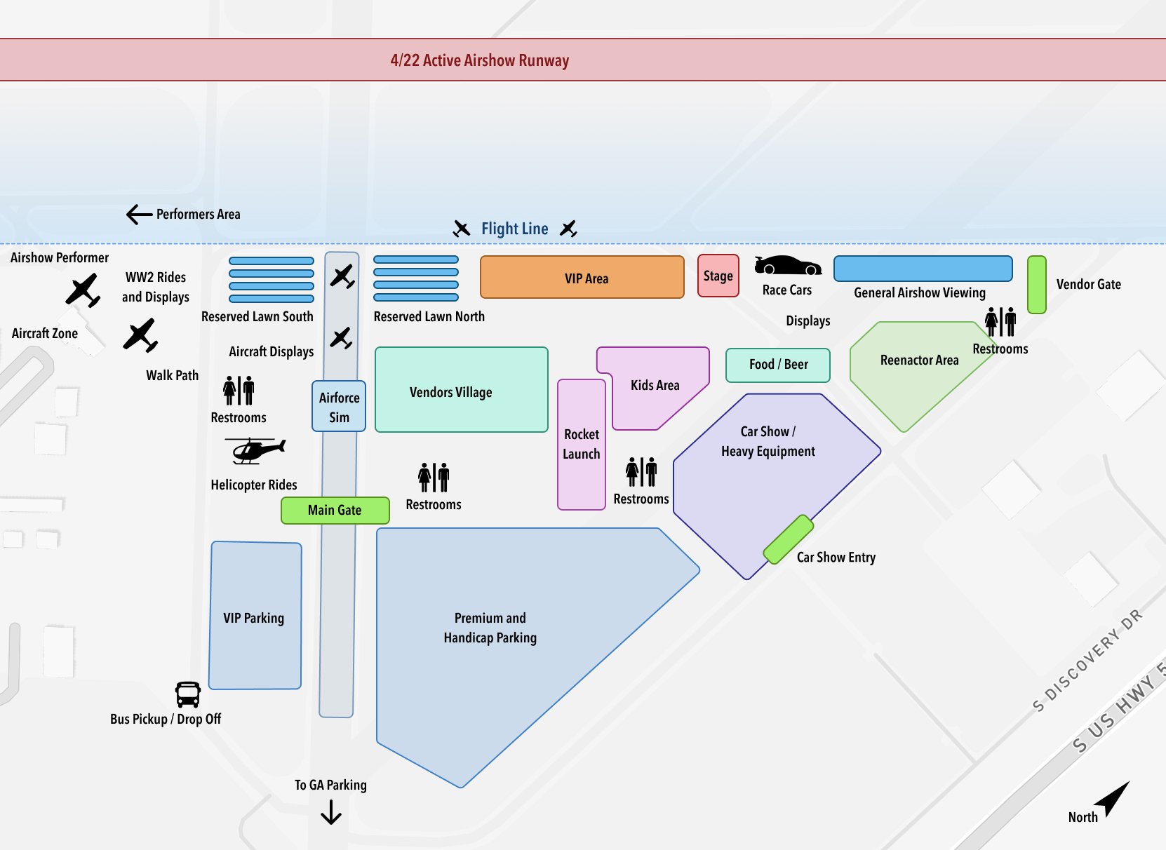 Map of the Pistons & Props event grounds showing parking, gates, the flight line, and attractions