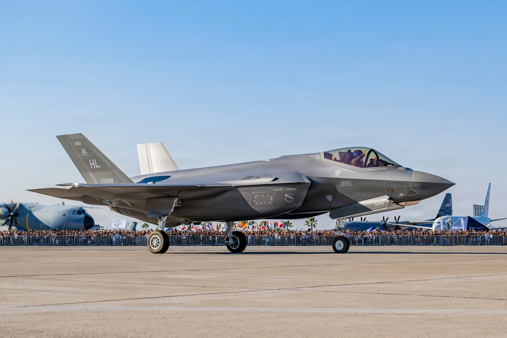 F-35A Lightning II soaring during a demonstration pass.