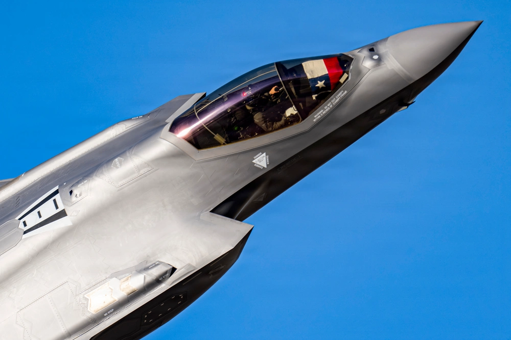 F-35A Lightning II cockpit and canopy detail in flight.