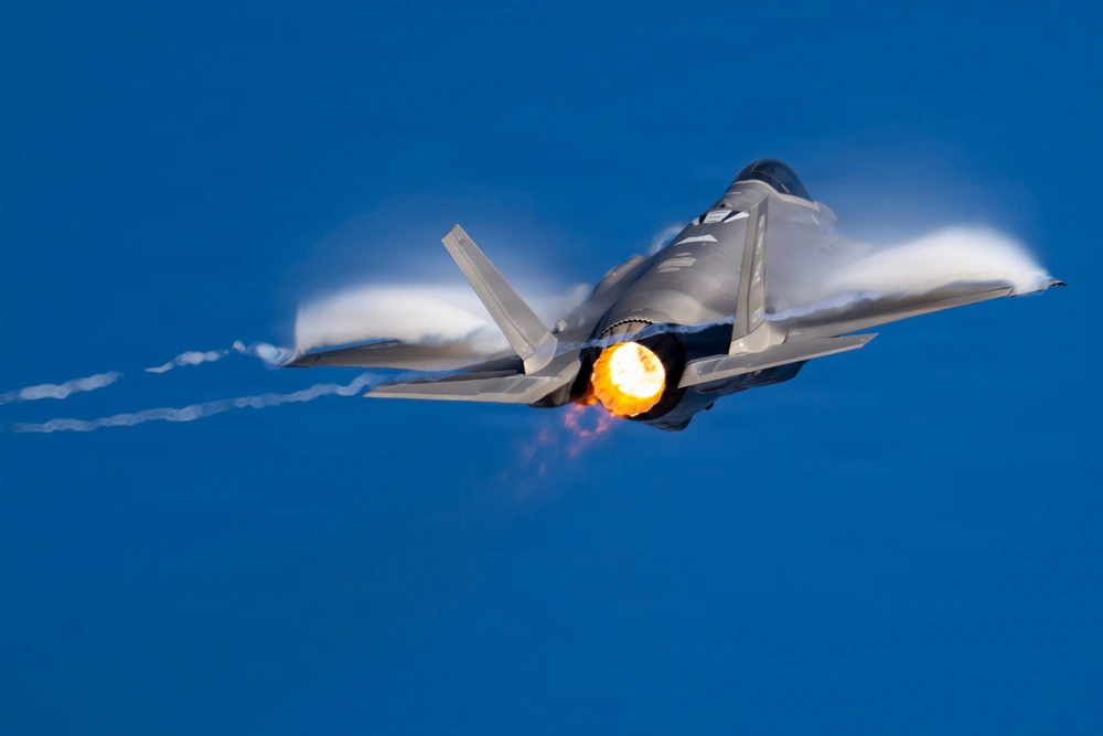 F-35A Lightning II on the ramp with full payload markings.
