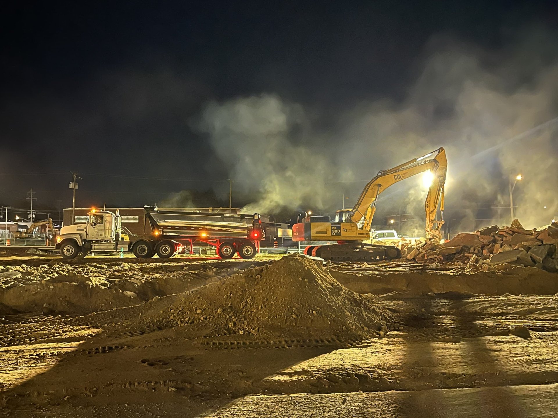 Construction crew working at night