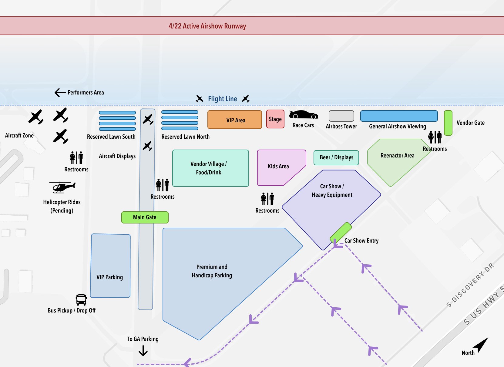 Map of the Pistons & Props event grounds showing parking, gates, the flight line, and attractions