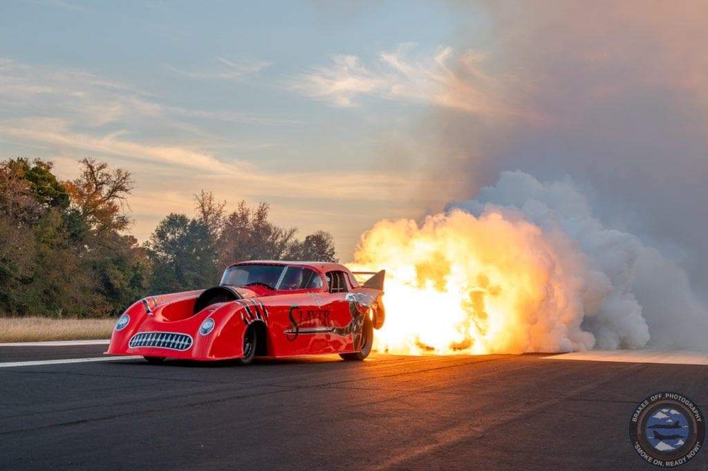 Front view of a red Slayer Jet Car showing the air intake and body design