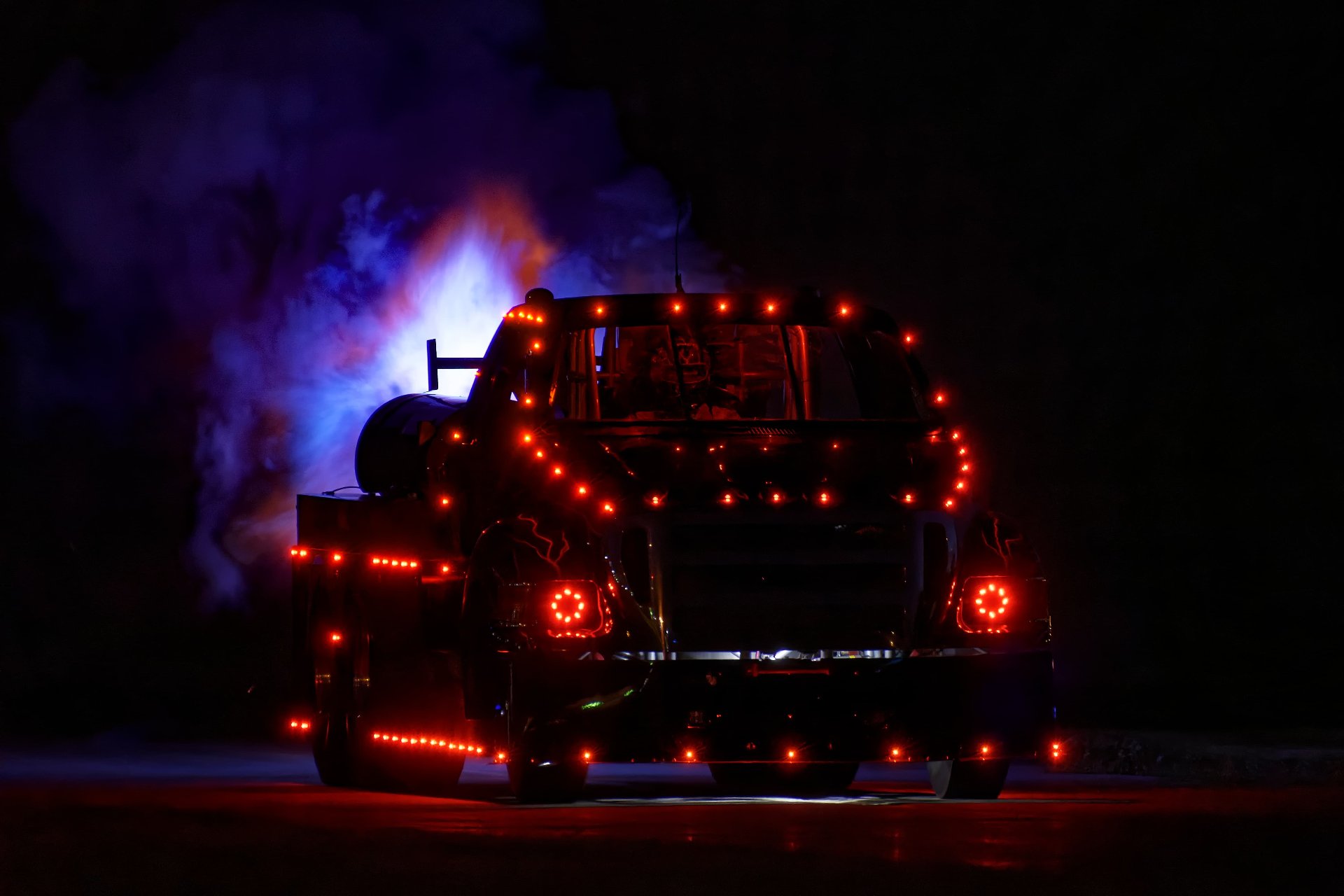 Jet Truck at night, lit with red lights