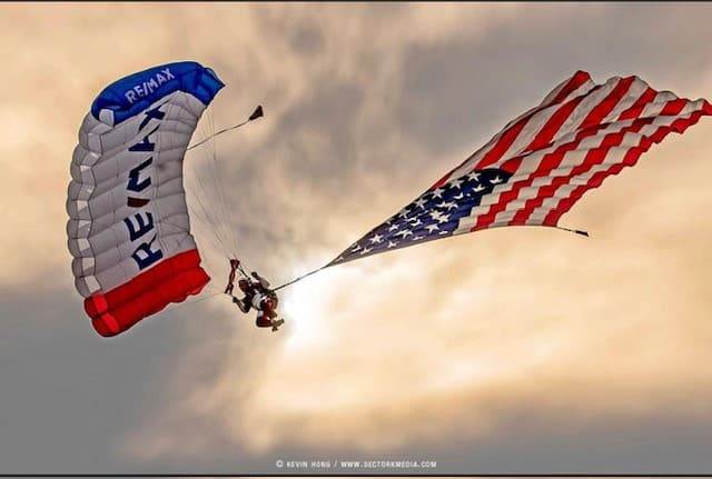 View of a skydiver from below looking straight up