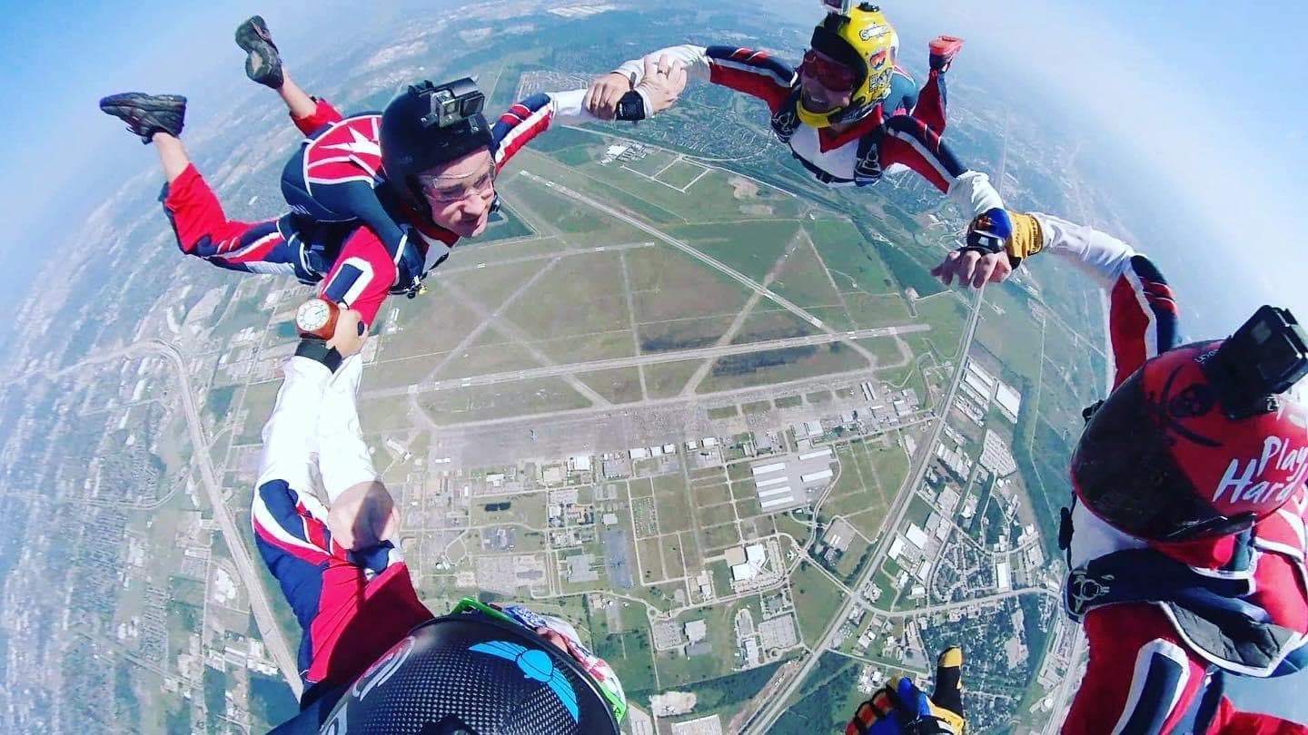 Circle of skydivers free falling
