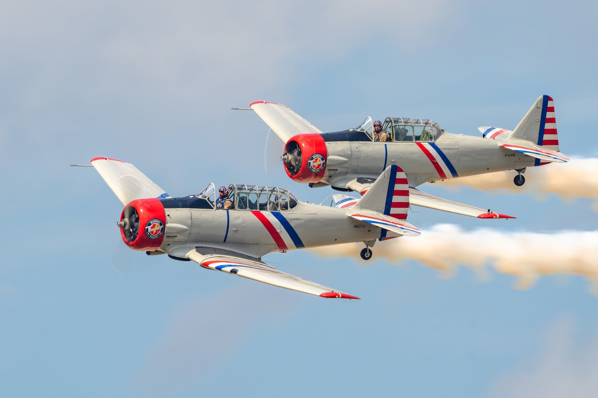 Warbird Thunder SNJ Texans in formation with smoke trails