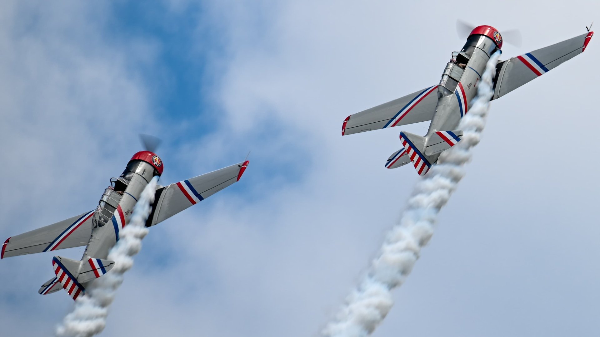 Warbird Thunder SNJ Texans climbing in formation with smoke trails.